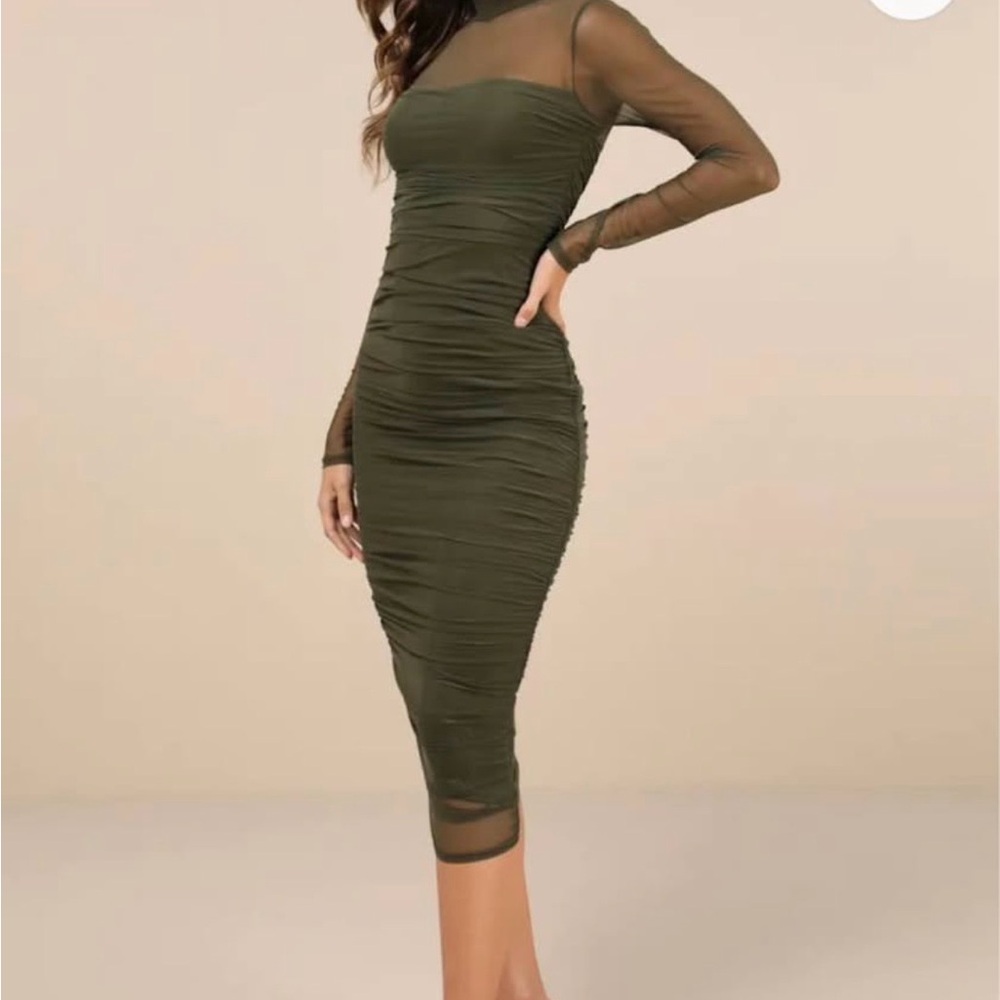 Lulu's Olive Sheer-Sleeve Ruched Midi Dress